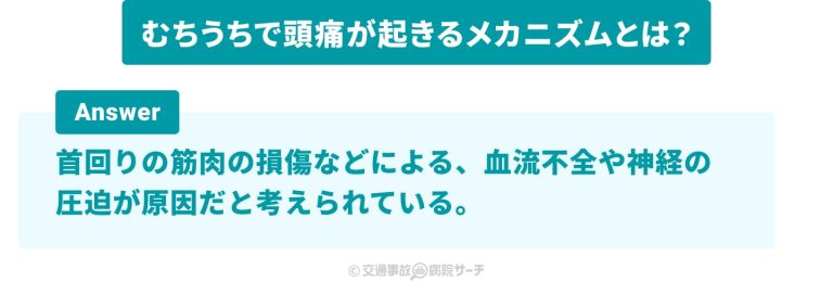 むちうちで頭痛が起きるメカニズム：区部周りの筋肉の損傷などによる、血流不全や神経の圧迫が原因だと考えられている